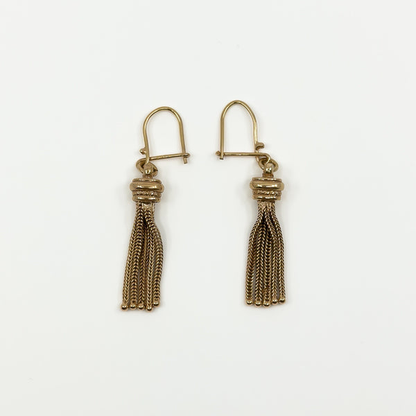 Front view of vintage 9ct rose gold Albertina tassel earrings showing the articulated chain tassel drops.