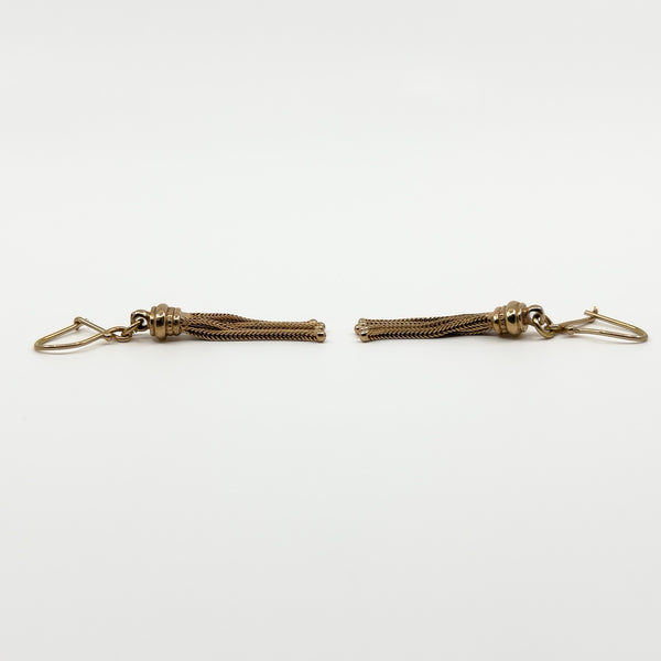 Side view of the vintage 9ct rose gold tassel earrings showing the articulated Albertina chain drops.