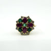 Vintage 18ct gold ruby emerald and diamond cluster ring with colourful high-set cocktail design