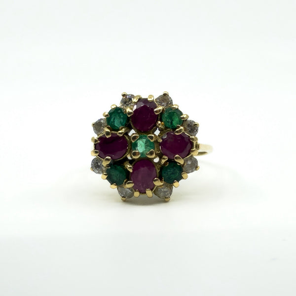 Vintage 18ct gold ruby emerald and diamond cluster ring with colourful high-set cocktail design