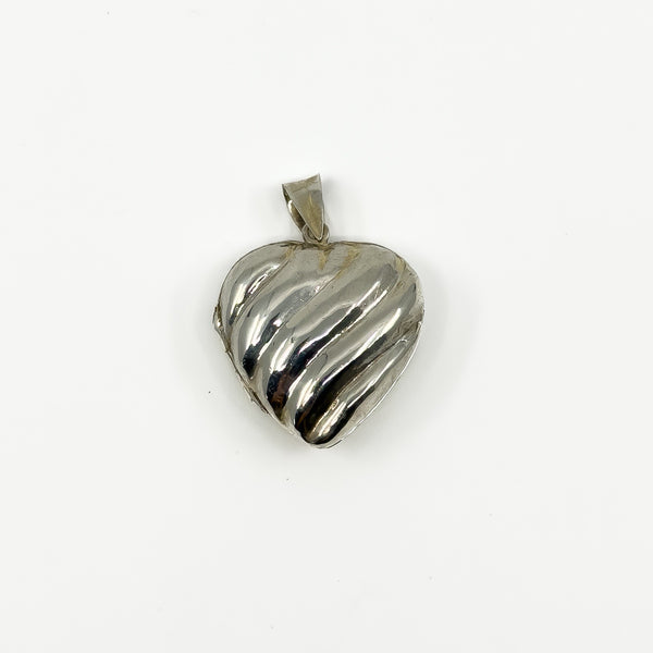 Vintage sterling silver puffy heart photo locket pendant with ridged polished front.