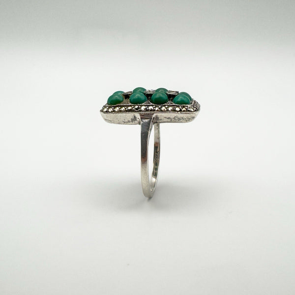 Side angle of sterling silver ring with marcasites