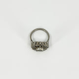 Rear view of vintage platinum diamond cluster ring showing the gallery, band and raised cluster setting.