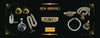 Jewellery display with 'New Arrivals' text and various pieces on a black background