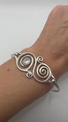 Sterling Silver Mother of Pearl Oval Bangle | 925 Hook Clasp 8–9” Fit