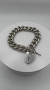 Chunky Sterling Silver Vintage Curb Links Bracelet Heart Padlock & Key Charm 925