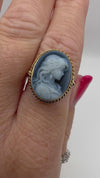 Vintage 9ct Gold Blue Agate Carved Cameo Ring Size Q 1/2 Hallmarked Birmingham
