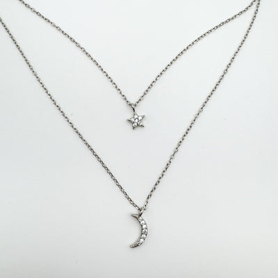 Celestial CZ Star & Moon Pendant & Double Chain in Sterling Silver 925