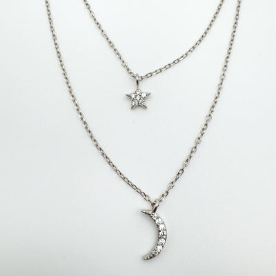 Celestial CZ Star & Moon Pendant & Double Chain in Sterling Silver 925