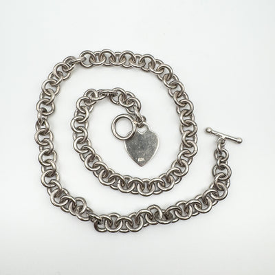 Chunky 18” Donut Links Chain T-Bar & Heart Charm Necklace Sterling Silver 98g