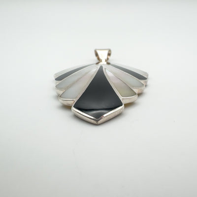 Art Deco Style Black Onyx & White Mother of Pearl Fan Pendant Sterling Silver
