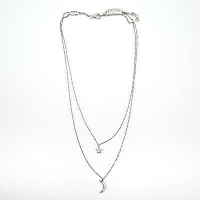 Celestial CZ Star & Moon Pendant & Double Chain in Sterling Silver 925