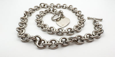 Chunky 18” Donut Links Chain T-Bar & Heart Charm Necklace Sterling Silver 98g