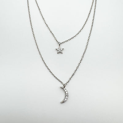Celestial CZ Star & Moon Pendant & Double Chain in Sterling Silver 925