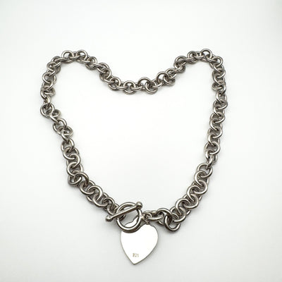 Chunky 18” Donut Links Chain T-Bar & Heart Charm Necklace Sterling Silver 98g