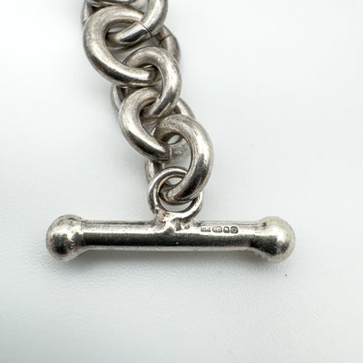 Chunky 18” Donut Links Chain T-Bar & Heart Charm Necklace Sterling Silver 98g