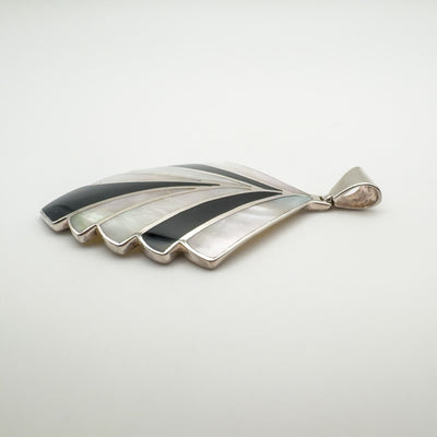 Art Deco Style Black Onyx & White Mother of Pearl Fan Pendant Sterling Silver