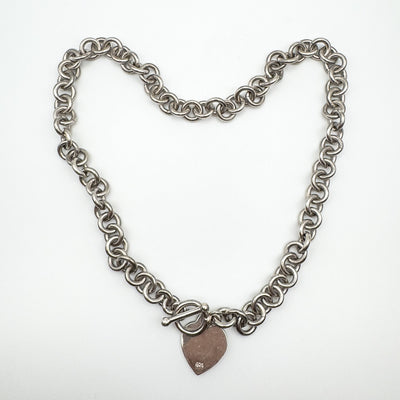 Chunky 18” Donut Links Chain T-Bar & Heart Charm Necklace Sterling Silver 98g