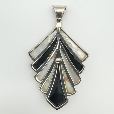 Art Deco Style Black Onyx & White Mother of Pearl Fan Pendant Sterling Silver