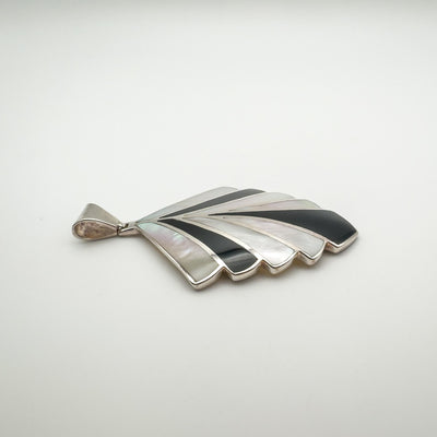 Art Deco Style Black Onyx & White Mother of Pearl Fan Pendant Sterling Silver